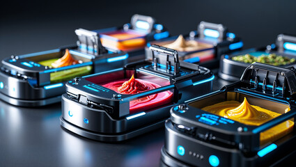 Futuristic ice cream machine with colorful flavors
