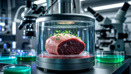 Futuristic lab-grown meat in high-tech chamber