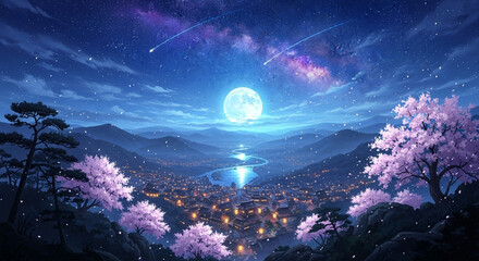 Enchanting anime nightscape with full moon, starry sky, falling petals, and serene village below