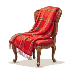 red wooden chair with red Christmas blanket on it
