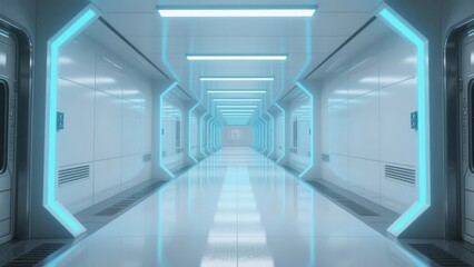 Fototapeta premium Futuristic corridor with glowing blue lights and sleek white walls