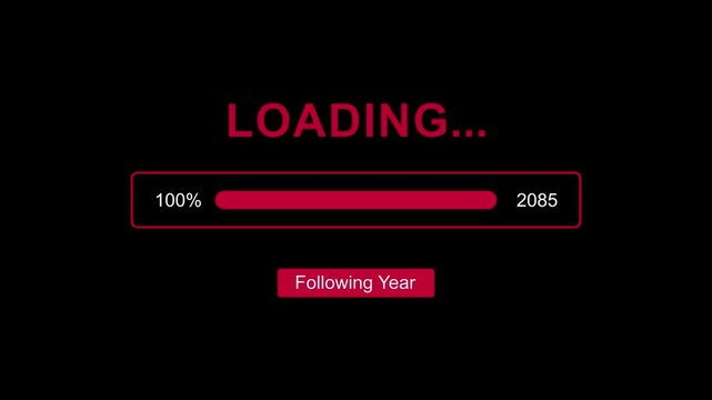 Following new year 2085 with loading bar system animation on black background. Coming and year change concept. flowing textures, symbolizing the upcoming year and new beginnings in a red visual style