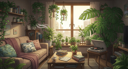 Cozy urban apartment filled with lush green plants, sunlight streaming through window, creating a tranquil sanctuary.