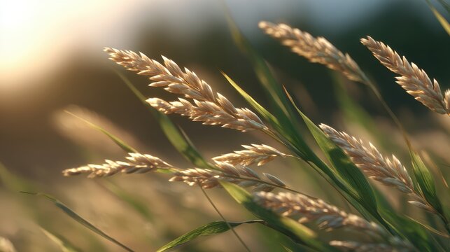 summer meadow with tall grass swaying, golden sunlight, peaceful mood