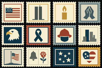 Obraz premium Patriotic and Memorial Stamps Collection with American Symbols and 9/11 Remembrance