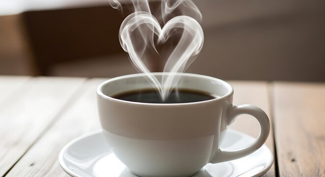 Coffee in a white cup with steam in a heart shape on a wooden table