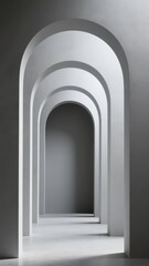 Fototapeta premium A series of white arched doorways receding into a minimalist corridor with soft lighting and geometric precision.