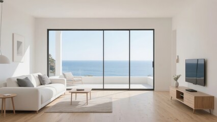 Fototapeta premium Modern living room with large glass doors overlooking the ocean