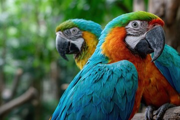 Two colorful macaws perched on a branch
