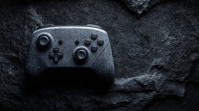 Close-up of a modern gaming controller with ergonomic design and multiple buttons on textured dark background for electronic entertainment emphasis