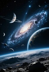 Naklejka premium Vast cosmos stretches across the scene with numerous swirling galaxies, colorful planets, and Earth visible below Generative AI