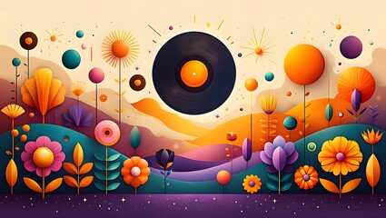 Obraz premium A whimsical garden with floating vinyl record and colorful abstract elements design