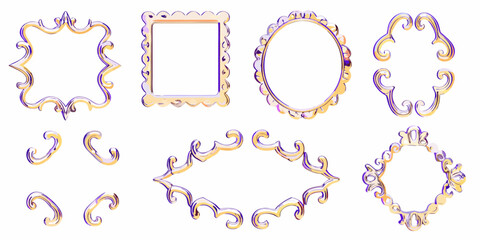 Collection of ornate decorative frames and embellishments with a gold and purple iridescent finish