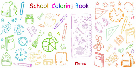 Colorful hand drawn school supplies and items for a childrens coloring book design
