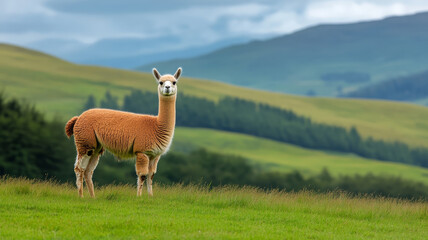 Alpaca standing on green hillside, peaceful mood, blurred mountain background, cloudy sky