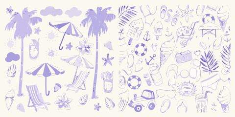 Collection of hand drawn summer vacation icons and elements in purple pastel colors on a light background