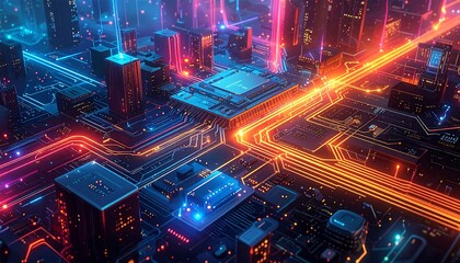 Futuristic cityscape with glowing circuits and stylized skyscrapers, representing digital infrastructure