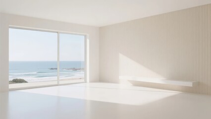 Minimalist white room with large window overlooking ocean and rocky shoreline