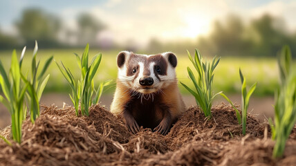 Badger animal burrow soil green nature sunlight field cute wild mammal spring