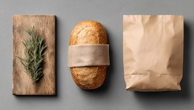 Overhead view of a loaf of artisan bread, rosemary sprigs on a wooden board, and a brown paper bag