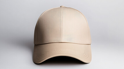 Beige baseball cap front view, plain design, minimal style, isolated on white background