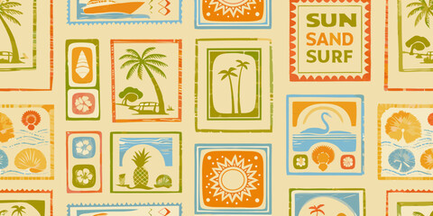 Retro tropical vacation stamp pattern with sun sand surf palm trees and seashells