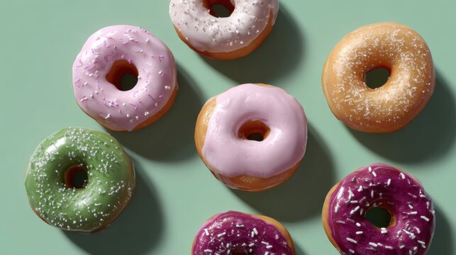 realistic top view of assorted donuts with colorful icing