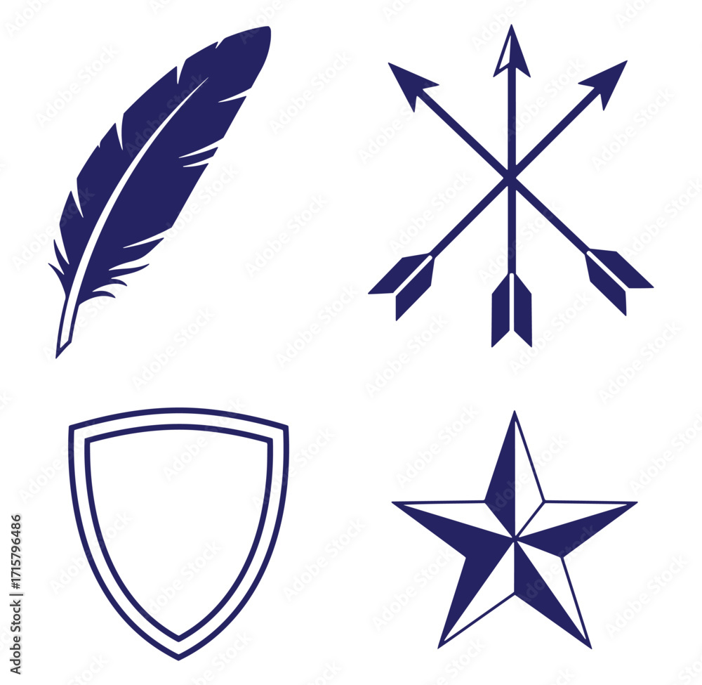 Poster set of simple navy blue vector icons including feather arrows shield and star design elements