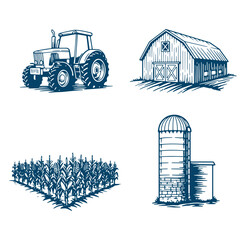 Set of vintage farm elements including tractor barn cornfield and grain silo illustration