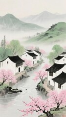 Traditional Chinese village with white houses, black roofs, cherry blossoms, and a river surrounded by misty mountains