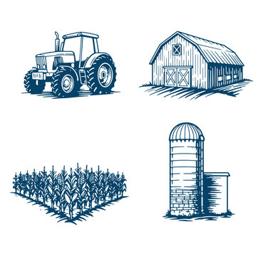 Set of vintage farm elements including tractor barn cornfield and grain silo illustration