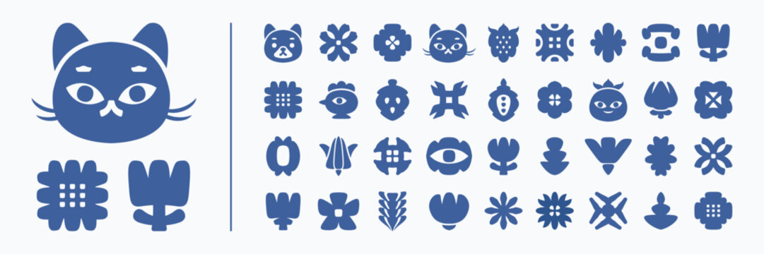 Fototapeta Set of cartoon geometric icons isolated on background. Cute animals, flowers and abstract shapes in imprint naive style. Scandinavian design elements collection. Vector illustration