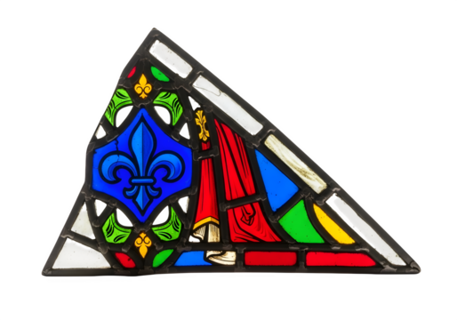 Fragment of a stained glass window featuring fleurdelis and vibrant colors, isolated on transparent background, showcasing artistry and design