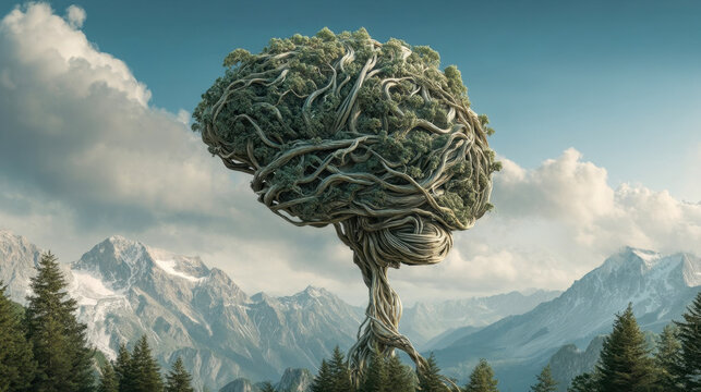 Giant brain shaped tree with roots and branches growing in mountain valley, surreal symbolism of nature