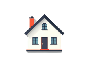Simple, stylized illustration of a single-family home. A white house with dark trim, a red chimney, and dark windows. Flat design style