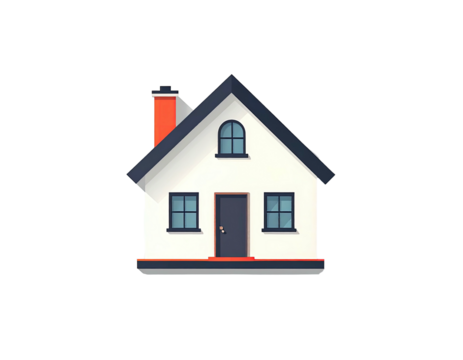 Simple, stylized illustration of a single-family home. A white house with dark trim, a red chimney, and dark windows. Flat design style