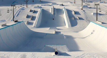 A snowy terrain park with ramps and jumps for snowboarding and skiing in winter