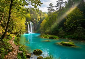 Serene waterfall cascade and lush emerald forest in the tranquil haven