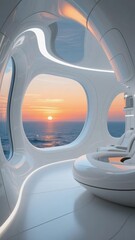 Futuristic interior with large circular windows overlooking a sunset over the ocean