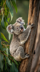 Fototapeta premium Koala Bear Clinging to Tree Trunk with Green Leaves