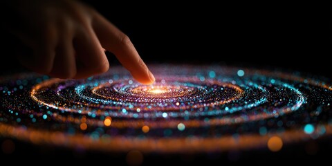 Human finger touching a futuristic glowing digital galaxy interface.