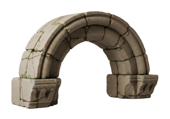 Ancient stone arch isolated on transparent background, revealing weathered texture and historic architectural design, ideal for historical or fantasy themes