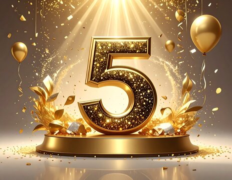 Gold glitter number five on a podium, celebration