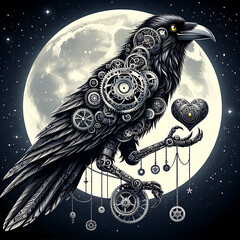 A majestic raven with mechanical feathers made of clockwork gears, carrying a glowing heart-shaped gear in its talons, perched against a full moon, steampunk gothic style, dramatic high-contrast desi