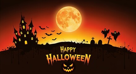 Happy Halloween night with an ancient haunted castle, flying bats, spooky ghosts, and glowing full moon, creating a festive and eerie holiday background