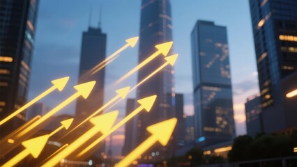 Golden arrows pointing upward over a city skyline at dusk, symbolizing growth and progress in an urban business environment.