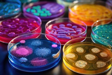 Colorful bacterial cultures growing in laboratory petri dishes showcasing diverse microbial growth.
