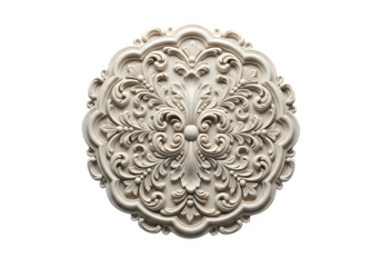 Ornate white medallion isolated on transparent background, featuring symmetrical floral and leaf patterns, perfect for decorative accents and design elements