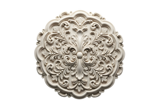 Ornate white medallion isolated on transparent background, featuring symmetrical floral and leaf patterns, perfect for decorative accents and design elements