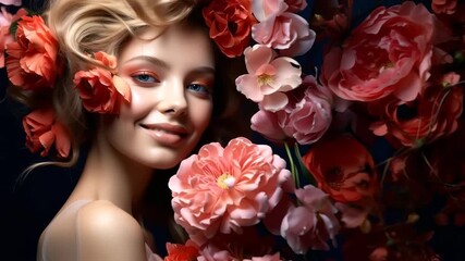 Fashion beauty video of smiling beautiful woman with pink blossom flowers posing for fashion magazine.Slow motion.AI Generative. - Powered by Adobe